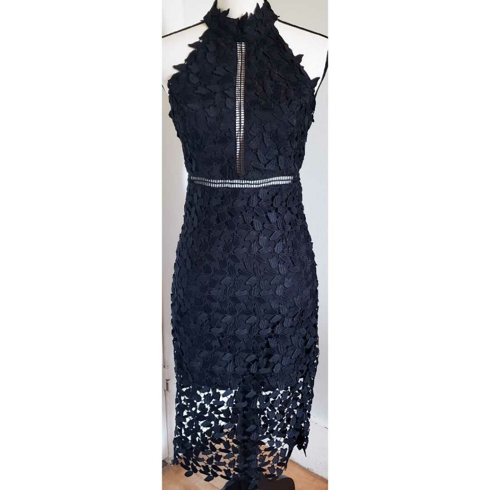 Bardot Black Lace Sheath Dress Halter Midi Formal